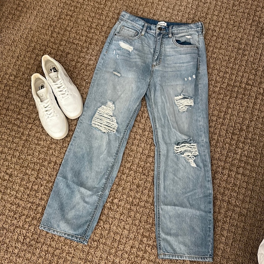 Sneak Peek high waisted, distressed mom, jeans. Light denim